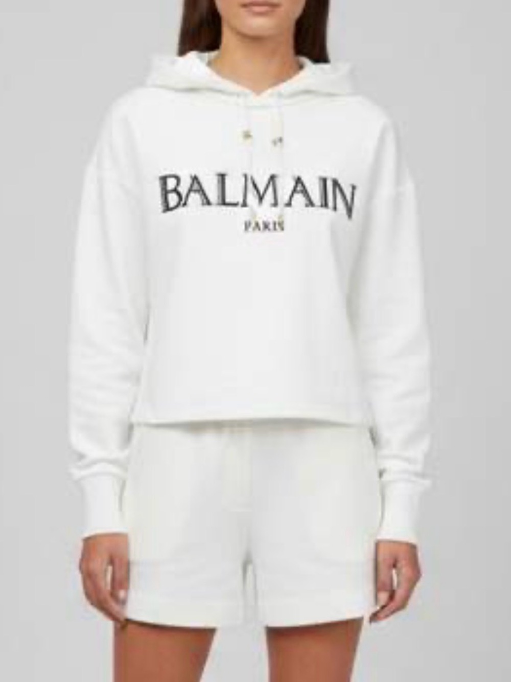 Balmain White Logo Cropped Hoodie